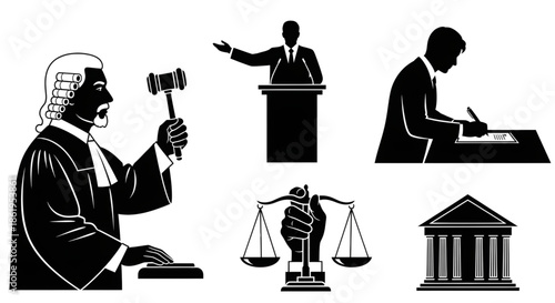 Legal System Silhouette Set Featuring Judge with Gavel, Public Speaker, Attorney Signing Documents, and Scales of Justice