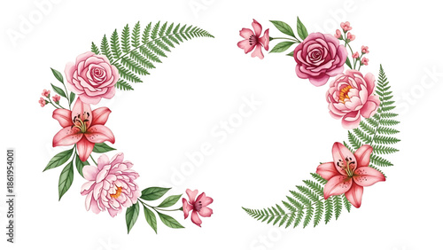 Modern vector watercolor-style floral and nature wallpaper with flowers arranged in circular flowing rhythm, contemporary botanical background for interior and branding projects