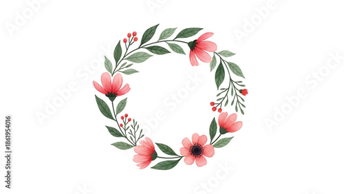 Modern vector watercolor-style floral and nature wallpaper with flowers arranged in circular flowing rhythm, contemporary botanical background for interior and branding projects