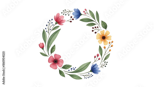 Modern vector watercolor-style floral and nature wallpaper with flowers arranged in circular flowing rhythm, contemporary botanical background for interior and branding projects