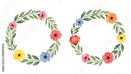 Modern vector watercolor-style floral and nature wallpaper with flowers arranged in circular flowing rhythm, contemporary botanical background for interior and branding projects