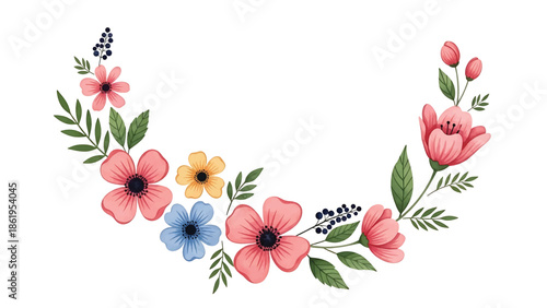 Modern vector watercolor-style floral and nature wallpaper with flowers arranged in circular flowing rhythm, contemporary botanical background for interior and branding projects