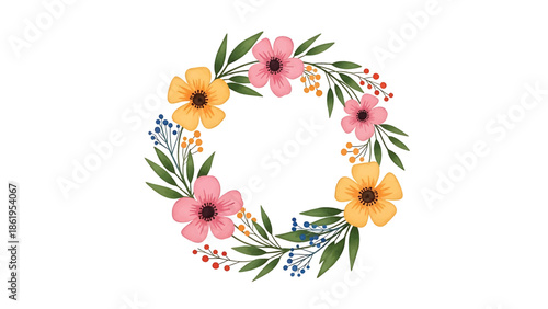 Modern vector watercolor-style floral and nature wallpaper with flowers arranged in circular flowing rhythm, contemporary botanical background for interior and branding projects