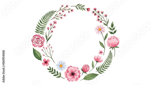 Modern vector watercolor-style floral and nature wallpaper with flowers arranged in circular flowing rhythm, contemporary botanical background for interior and branding projects