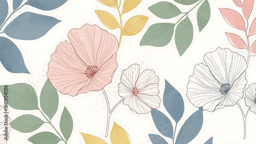 Modern vector watercolor-style botanical wallpaper with line-accented petals and solid-filled leaves, elegant artistic nature background for premium surface design