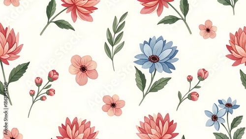 Modern vector watercolor-style seamless nature wallpaper with vintage-inspired flowers and foliage, classic botanical background ideal for timeless interior decor