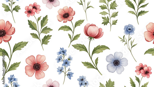 Modern vector watercolor-style seamless nature wallpaper with vintage-inspired flowers and foliage, classic botanical background ideal for timeless interior decor