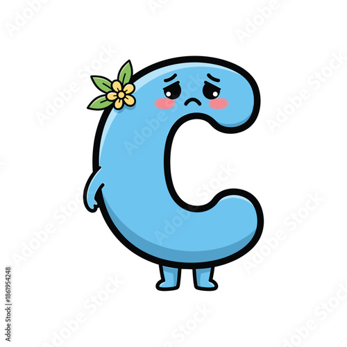 Blue cartoon letter C with flower and frowning face