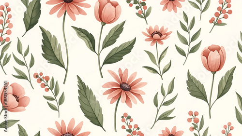 Modern vector watercolor-style seamless nature wallpaper with vintage-inspired flowers and foliage, classic botanical background ideal for timeless interior decor