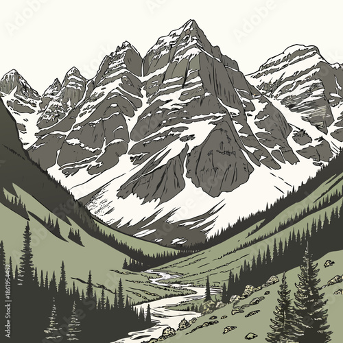 Alpine Mountain Range Landscape Illustration with Bold Black Lines, Minimalist Peak Scenery for Outdoor and Adventure Brand