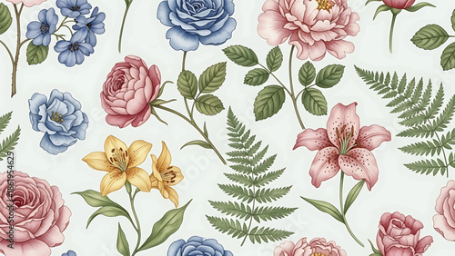 Modern vector watercolor-style botanical wallpaper featuring wild roses, leaves, and natural brush textures, timeless floral nature background for decor and textiles