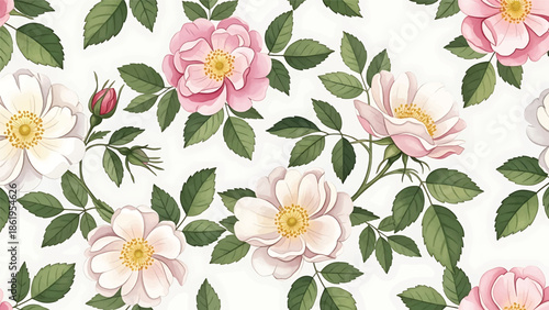 Modern vector watercolor-style botanical wallpaper featuring wild roses, leaves, and natural brush textures, timeless floral nature background for decor and textiles