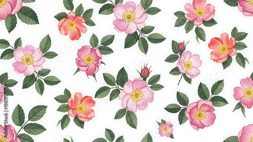 Modern vector watercolor-style botanical wallpaper featuring wild roses, leaves, and natural brush textures, timeless floral nature background for decor and textiles
