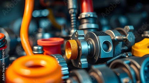 A detailed close-up of industrial hydraulic fittings and metal connectors, highlighting precision engineering, clean metallic surfaces, and modern mechanical assembly.