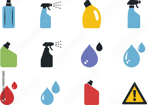 Collection of cleaning product bottles sprayers liquid drops and a warning sign.