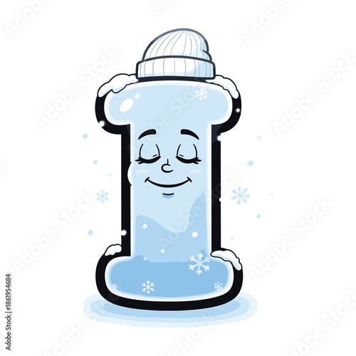 Cartoon blue ice character wearing winter hat and snowflakes