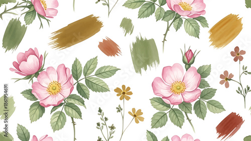 Modern vector watercolor-style botanical wallpaper featuring wild roses, leaves, and natural brush textures, timeless floral nature background for decor and textiles