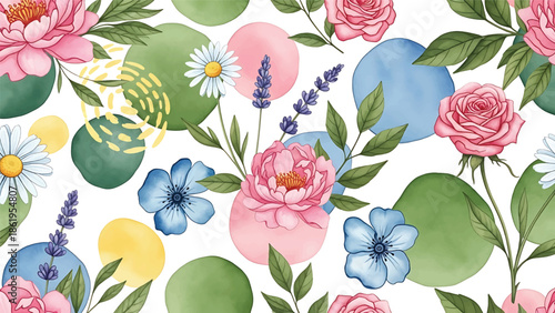 Modern vector watercolor-style seamless floral and nature wallpaper combining garden flowers, leaves, and organic shapes, versatile botanical background for multiple design uses