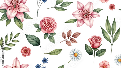 Modern vector watercolor-style seamless floral and nature wallpaper combining garden flowers, leaves, and organic shapes, versatile botanical background for multiple design uses
