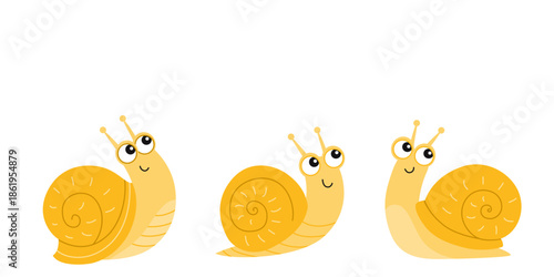 Cute cartoon snail characters set. Funny yellow snails with big eyes. Flat vector illustration. Kids design, nursery art, isolated on white background.