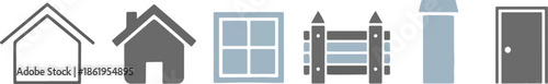 Set of house and building icons including outline and filled house window fence and door designs.