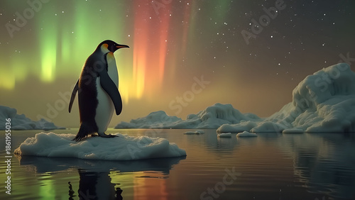Penguin under Aurora Borealis in Antarctica