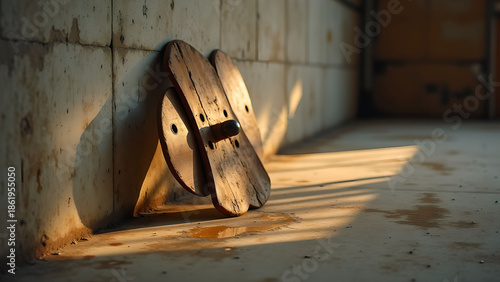 Rustic wooden shoes leaning against wall
