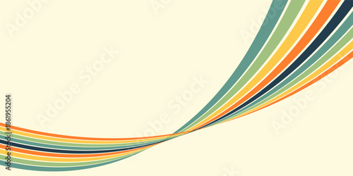 Abstract colorful 70s background vector. Vintage retro wallpaper with rainbow stripes and wavy lines. A 1970 color illustration suitable for posters, banners, decorative items and wall art.