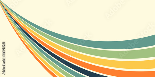 Abstract colorful 70s background vector. Vintage retro wallpaper with rainbow stripes and wavy lines. A 1970 color illustration suitable for posters, banners, decorative items and wall art.