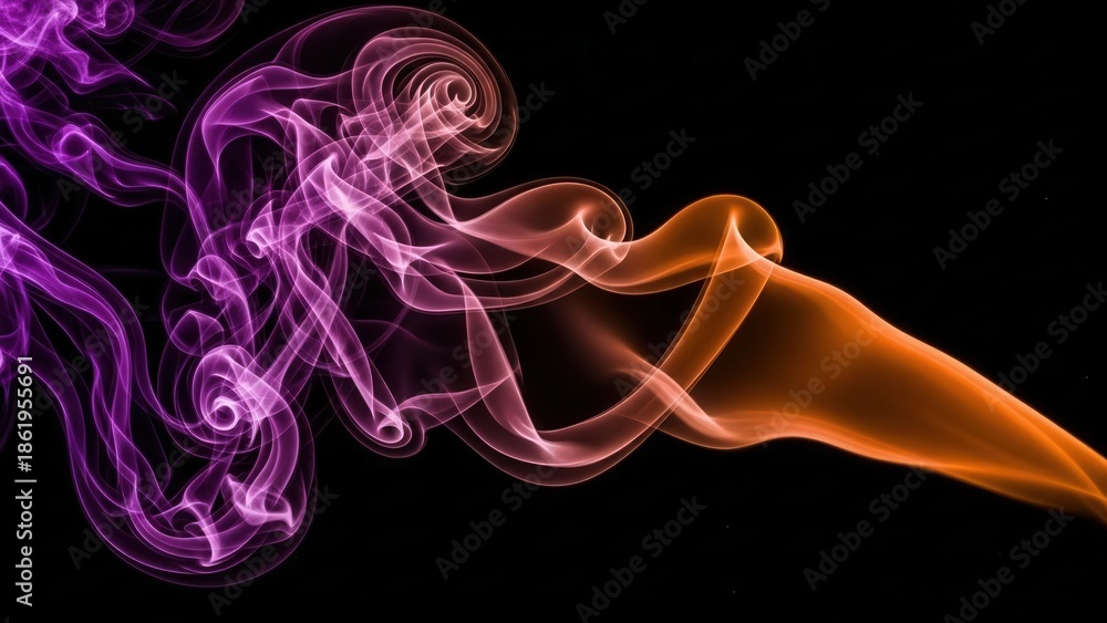 Fototapeta premium Vibrant purple and orange smoke swirling on black background