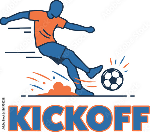 Stylized vector illustration of a soccer player in an orange and blue kit kicking a football with dynamic motion effects, accompanied by bold "KICKOFF" typography.