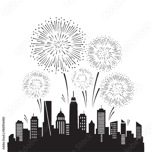 silhouette of fireworks exploding above city skyline white background