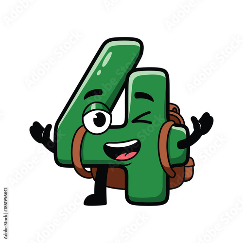 Cartoon number four with backpack green