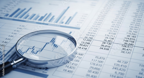 Close up shot of a magnifying glass over blue toned financial data sheets with graphs, tables, and numbers for business analysis and research.