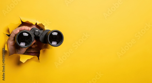 A man peering through a torn yellow paper background, holding black binoculars. He is looking for opportunity.