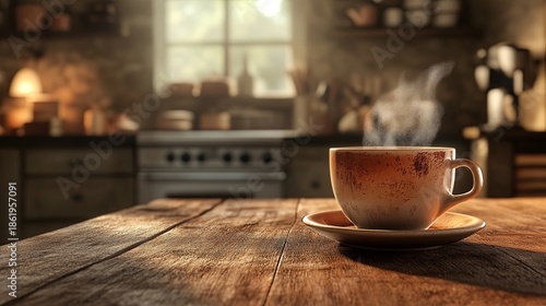 Wallpaper Mural Close-up of a warm cup of coffee on a wooden table, steam rising, a cozy, rustic kitchen in the background . Torontodigital.ca