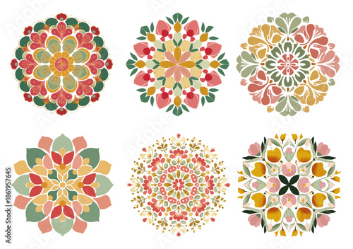 Set of cute spring floral mandalas and boho geometric flower ornaments in pastel colors