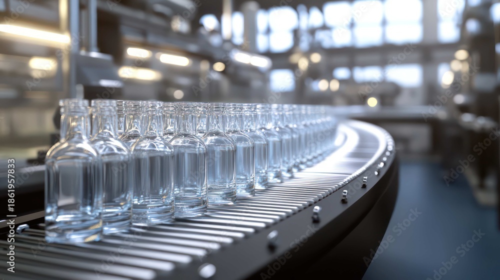 Naklejka premium An empty, fully automated bottling and packaging line, with clean glass bottles moving along a conveyor belt towards a filling machine. Efficiency and mass production concept. Sterile environment,