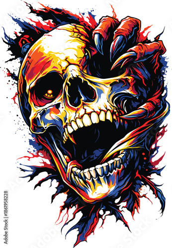 Aggressive Horror Skull Illustration with Monster Claw Hand, Dark Fantasy Vector Art for T-Shirt, Tattoo, Poster and Gaming Design