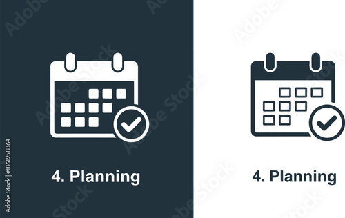 Business planning icon displayed in both positive and negative contrast formats indicating a completed successful schedule or task achievement within a process.