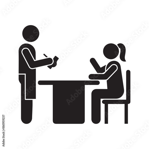 Restaurant Waiter Taking Order from Female Customer Vector Icon Illustration Depicting Dining Service Scenario at Table
