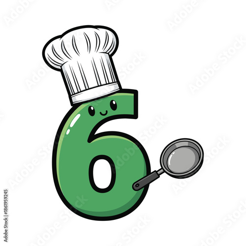 Green number six cartoon character wearing chef hat holding frying pan