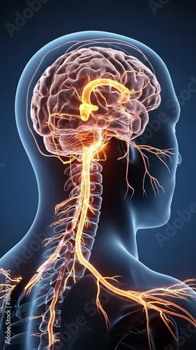 Medical illustration of human brain and nervous system on dark blue background