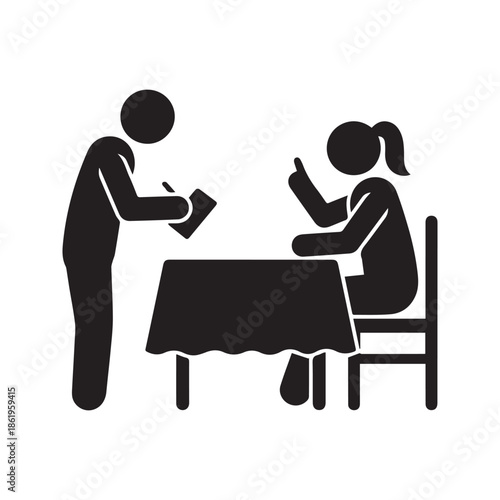 Restaurant Waiter Taking Order from Female Customer Vector Icon Illustration Depicting Dining Service Scenario at Table

