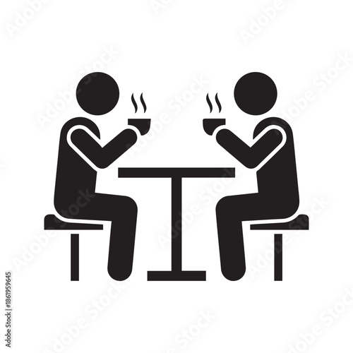 Two People Sitting at Cafe Table Drinking Hot Coffee or Tea Vector Icon Silhouette Illustration
