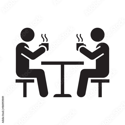 Two People Sitting at Cafe Table Drinking Hot Coffee or Tea Vector Icon Silhouette Illustration
