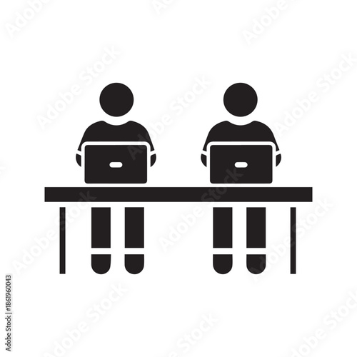Two People Working on Laptops at Office Desk Vector Icon Illustration Representing Teamwork and Coworking
