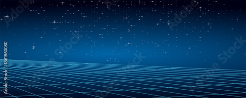 Technology background perspective retro grid. Futuristic cyber surface 80s - 90s styled. Vector blue mesh on a colorful background. Digital space wireframe landscape.