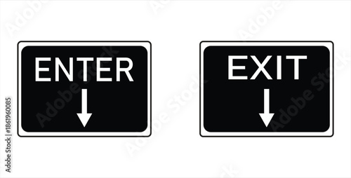 Black and White Enter and Exit Directional Signs with Downward Arrows.