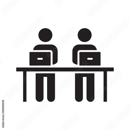 Two People Working on Laptops at Office Desk Vector Icon Illustration Representing Teamwork and Coworking
